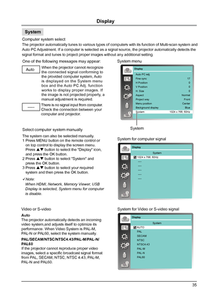 Page 3535
Display
Display
System     1024 x 768, 60Hz
      ----
      ----
      ----
      ----
      ----
System for computer signal

Note:
When HDMI, Network, Memory Viewer, USB 
Display is selected, System menu for computer 
is disable.
Select computer system manually
The system can also be selected manually.
1 Press MENU button on the remote control or   
   on top control to display the screen menu.  
   Press   button to select the "Display" icon, 
   and press the OK button.
2 Press  ...