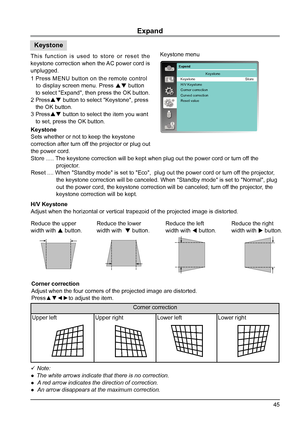 Page 4545
Expand
Keystone menu
This function is used to store or reset the 
keystone correction when the AC power cord is 
unplugged. 
1 Press MENU button on the remote control 
   to display screen menu. Press   button 
   to select "Expand", then press the OK button.
2 Press  button to select "Keystone", press 
   the OK button.
3 Press  button to select the item you want 
   to set, press the OK button.
Expend
KeystoneKeystone
H/V Keystone
Corner correction
Curved correction
Reset value...