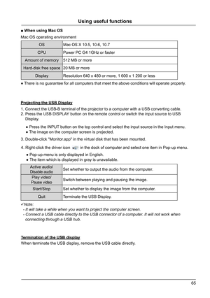 Page 6565
■ When using Mac OS
Using useful functions
When terminate the USB display, remove the USB cable directly. 
Termination of the USB display4. Right-click the driver icon         in the dock of computer and selec\
t one item in Pop-up menu.
 Note:
  -  It will take a while when you want to project the computer screen.
  - Connect a USB cable directly to the USB connector of a computer. It will not work when 
    connecting through a USB hub. Mac OS operating environment
Projecting the USB Display ●...