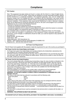 Page 88
Compliance
The AC Power Cord supplied with this projector meets the requirement for use\
 in the country you purchased it.  
AC Power Cord for the United States and Canada:AC Power Cord used in the United States and Canada is listed by the Unde\
rwriters Laboratories (UL) 
and certified by the Canadian Standard Association (CSA).
AC Power Cord has a grounding-type AC line plug. This is a safety feature to be sure that the plug will fit 
into the power outlet. Do not try to defeat this safety feature....