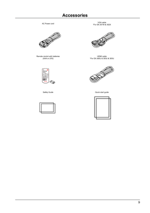 Page 99
Accessories
AC Power cordVGA cable
*For EK-301W & 302X
Remote control with batteries (AAA or LR3) HDMI cable
*For EK-300U & 303U & 305U
VGA VIDEO HDMI
MENU
INPUT
FREEZEMUTE
BLANK
LAMP PATTERN
KEYST ONE
TIMERINFO.
SCREEN IMAGE
AUT
O
++--D.ZOOM VOLUME
Safety Guide Quick start guide
VGAVIDEO HDMI
MENU
INPUT
FREEZEMUTE
BLANK
LAMP PATTERN
KEYST ONE
TIMERINFO.
SCREEN IMAGE
AUT
O
++--D.ZOOM VOLUME
VGAVIDEO HDMI
MENU
INPUT
FREEZEMUTE
BLANK
LAMP PATTERN
KEYST ONE
TIMERINFO.
SCREEN IMAGE
AUT
O
++--D.ZOOM VOLUME...