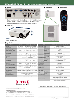 Page 2ModelEK-400XEK-401W EK-402U
Input Terminal Digital
Displayport x 1 , HDMI x 2
VGA D-sub15 x 2(Share with Component)
Composite Video RCA x 1
S-Video Min Din-4 x 1
PC Audio, Analog 3.5 mm Mini-Stereo Jack x 1
AV Audio, Analog 2RCA(L/R) x 1
■Specifications
EK-400X /401W /402UXGA / WXGA / WUXGA Portable High Performance Projector
■Terminal
■Remote control
■ Cabinet Size
W x H x D
334.0 x 120.8 x 267.6mm
Model
EK-400XEK-401W EK-402U
DMD Size
0.7” 1chip DMD 0.65” 1chip DMD 0.67” 1chip DMD
Brightness (ANSI)...