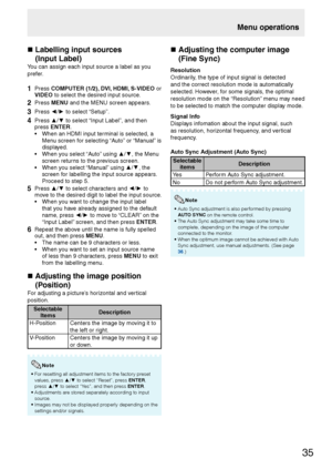 Page 3735
„Labelling input sources
(Input Label)
You can assign each input source a label as you 
prefer.
1 Press COMPUTER (1/2), DVI, HDMI, S-VIDEO or 
VIDEO to select the desired input source.
2 Press MENU and the MENU screen appears.
3 Press {
/y
 to select “Setup”.
4 Press x
/z
 to select “Input Label”, and then 
pressENTER.
•  When an HDMI input terminal is selected, a 
Menu screen for selecting “Auto” or “Manual” is 
displayed.
•  When you select “Auto” using x
/z
, the Menu 
screen returns to the...