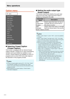 Page 4038
Option menu
Option
Dynamic Range 
Language
HDMI Setup
Resize
Timer
Picture Flip
Multi Screen
Power On Delay
LED
Background
Color Space  Signal Type  Audio Output 
Video System  Closed Caption
„Selecting Closed Caption
(Closed Caption)
This monitor is equipped with an internal Closed 
Caption decoder. It allows you to view conversations, 
narration and sound effects as subtitles on your 
monitor. Closed Captions are available on some TV 
programs and on some VHS home video tapes at 
the discretion of...