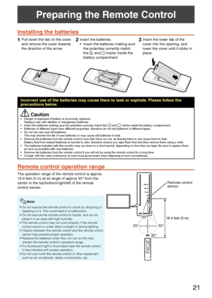 Page 2321
Preparing the Remote Control
Installing the batteries
1Pull down the tab on the cover 
and remove the cover towards 
the direction of the arrow.2Insert the batteries.
•  Insert the batteries making sure 
the polarities correctly match 
the
+
  and -
  marks inside the 
battery compartment.
3Insert the lower tab of the 
cover into the opening, and 
lower the cover until it clicks in 
place.
Incorrect use of the batteries may cause them to leak or explode. Please follow the 
precautions below.
Caution•...