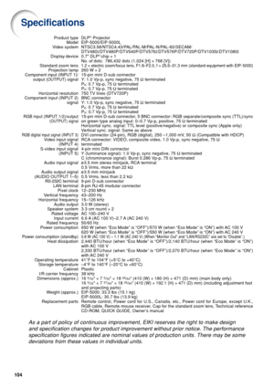 Page 106104
Specifications
DLP® Projector
EIP-5000/EIP-5000L
NTSC3.58/NTSC4.43/PAL/PAL-M/PAL-N/PAL-60/SECAM/
DTV480 I/DTV480P/DTV540P/DTV576 I/DTV576P/DTV720P/DTV1035 I/DTV1080 I
0.7 DLP
® chip  × 1
No. of dots:  786,432 dots (1,024 [H]  × 768 [V])
1.2  × electric zoom/focus lens, F1.8–F2.0, f = 25.6–31.3 mm (standard \
equipment with EIP- 5000)
260 W  × 2
15-pin mini D-sub connector
Y: 1.0 Vp-p, sync negative, 75  Ω terminated
P
B: 0.7 Vp-p, 75  Ω terminated
P
R: 0.7 Vp-p, 75  Ω terminated
750 TV lines...