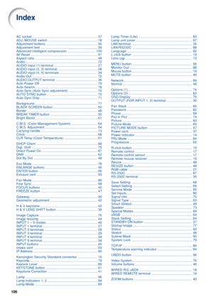 Page 108106
Index
AC socket...................................................................... 37
ADJ./MOUSE switch ..................................................... 18
Adjustment buttons ........................................................ 56
Adjustment feet .............................................................. 39
Advanced intelligent compression ..............................100
All Reset ........................................................................\
 91
Aspect ratio...