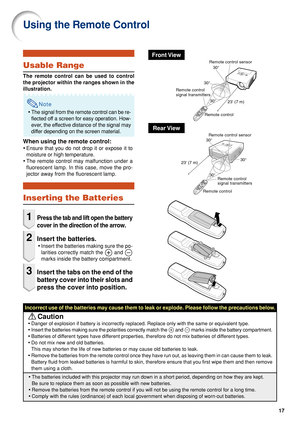 Page 1917
Using the Remote Control
Inserting the Batteries
1Press the tab and lift open the battery
cover in the direction of the arrow
.
2Insert the batteries.
•Insert the batteries making sure the po-
larities correctly match the 
 and 
marks inside the battery compartment.
3Insert the tabs on the end of the
battery cover into their slots and
press the cover into position.
Incorrect use of the batteries may cause them to leak or explode. Please\
 follow the precautions below.
 Caution
• Danger of explosion if...