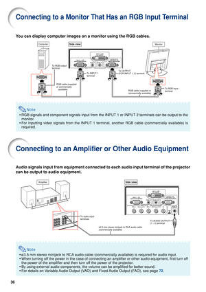 Page 3836
Connecting to a Monitor That Has an RGB Input Terminal
You can display computer images on a monitor using the RGB cables.
Note
•RGB signals and component signals input from the INPUT 1 or INPUT 2 term\
inals can be output to the
monitor.
• For inputting video signals from the INPUT 1 terminal, another RGB cable\
 (commercially available) is
required.
Connecting to an Amplifier or Other Audio Equipment
Audio signals input from equipment connected to each audio input termina\
l of the projector
can be...