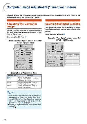 Page 7068
You can adjust the computer image, match the computer display mode, and c\
onfirm the
input signal using the “Fine Sync” menu.
Computer Image Adjustment (“Fine Sync” menu)
Adjusting the Computer
Image
Use the Fine Sync function in case of irregulari-
ties such as vertical stripes or flickering in por-
tions of the screen.
Menu operation  Page 56
Example: “Fine Sync” screen menu for
INPUT 1 (RGB) mode
Description of Adjustment Items
Note
• You can automatically adjust the computer im-
age by setting...