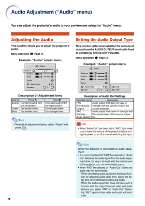 Page 7472
You can adjust the projector’s audio to your preferences using the “Audio” menu.
Audio Adjustment (“Audio” menu)
Adjusting the Audio
This function allows you to adjust the projector’s
audio.
Menu operation  Page 56
Example: “Audio” screen menu
Description of Adjustment Items
Selectable itemsPress  \ Press |
Note
•To reset all adjustment items, select “Reset” and
press 
.
Increased audio from
the right speaker
For stronger treble
For stronger bass
Balance
Treble
Bass Increased audio from
the left...