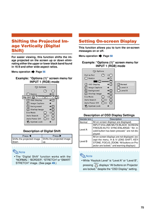 Page 7775
Shifting the Projected Im-
age Vertically (Digital
Shift)
For easier viewing, this function shifts the im-
age projected on the screen up or down elimi-
nating either the upper or lower black band found
in 16:9 and other wide aspect ratios.
Menu operation  Page 56
Example: “Options (1)” screen menu for
INPUT 1 (RGB) mode
Description of Digital Shift
Note
• The “Digital Shift” function works with the
“NORMAL”, “BORDER”, “STRETCH” or  “SMART
STRETCH” image. (See page  49.)
Press  \
Shifts the projected...