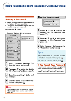 Page 8482
Helpful Functions Set during Installation (“Options (2)” menu)
Setting a Password
•
• •
•
•There is no factory preset for the password, so
the “Options (2)” menu is enabled.
•
• •
•
•If you do not want others to operate the “Op-
tions (2)” menu, set a password.
Menu operation  Page  58
Example: “Options (2)” screen menu
1Select “Password” from the “Op-
tions (2)” menu, and press 
|
| |
|
| .
2Press 
'
' '
'
'  or 
"
" "
"
"  to set the first digit in
“New...