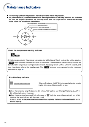 Page 9694
Power indicator
Lamp indicators 1, 2
Temperature warning indicator
Maintenance Indicators
Maintenance Indicators
■The warning lights on the projector indicate problems inside the project\
or.
■ If a problem occurs, either the temperature warning indicator or the lam\
p indicator will illuminate
red, and the projector will enter the standby mode. After the projector has entered the standby
mode, follow the procedures given below.
About the temperature warning indicator
If the temperature inside the...