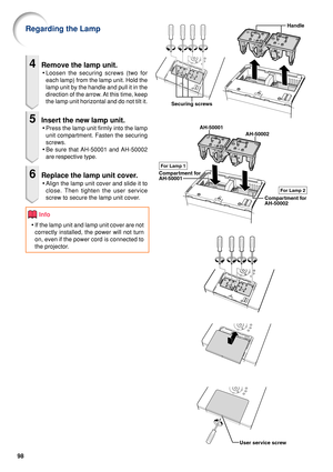 Page 10098
4Remove the lamp unit.
•Loosen the securing screws (two for
each lamp) from the lamp unit. Hold the
lamp unit by the handle and pull it in the
direction of the arrow. At this time, keep
the lamp unit horizontal and do not tilt it.
5Insert the new lamp unit.
•Press the lamp unit firmly into the lamp
unit compartment. Fasten the securing
screws.
• Be sure that AH-50001 and AH-50002
are respective type.
6Replace the lamp unit cover.
•Align the lamp unit cover and slide it to
close. Then tighten the user...