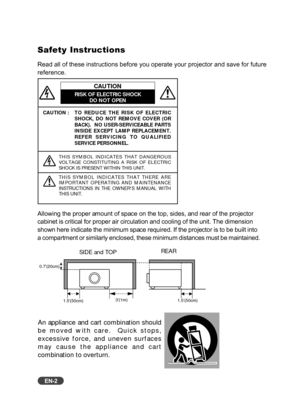 Page 3
EN-2
Safety Instructions
Read all of these instructions before you operate your projector and sav\
e for future
reference.
CAUTION : T O  REDUCE THE RISK OF ELECTRIC
SHOCK, DO NOT REMOVE COVER (OR
BACK).  NO USER-SERVICEABLE PARTS
INSIDE EXCEPT LAMP REPLACEMENT.
REFER SERVICING TO QUALIFIED
SERVICE PERSONNEL.
THIS SYMBOL INDICATES THAT DANGEROUS
VOLTAGE CONSTITUTING A RISK OF ELECTRIC
SHOCK IS PRESENT WITHIN THIS UNIT.
THIS SYMBOL INDICATES THAT THERE ARE
IMPORTANT OPERATING AND MAINTENANCE
INSTRUCTIONS...