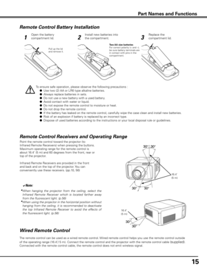 Page 15Remote Control Battery Installation
12 3
Open the battery 
compartment lid. Install new batteries into 
the compartment. Replace the 
compartment lid.
Two AA size batteries
For correct polarity (+ and –), 
be sure battery terminals are 
in contact with pins in the 
compartment.
To ensure safe operation, please observe the following precautions :
 l
 Use two (2) AA or LR6 type alkaline batteries.
 l  Always replace batteries in sets.
 l  Do not use a new battery with a used battery.
 l  Avoid contact with...