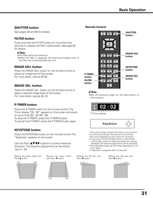 Page 3131
KEySTONE button
Reduce  the  upper  width  with 
Point e button.  Re d u c e   t h e   l owe r   w i d t h 
with Point d button.Reduce  the  left  part  with 
Point 7 button.Reduce  the  right  part  with 
Point 8 button.
• 
The white arrows indicate that there is no correction.
•  A red arrow indicates the direction of correction.
•  An arrow disappears at the maximum correction.
•  If you press the KEYSTONE button on the remote 
control again while the Keystone dialog box is being 
displayed, the...