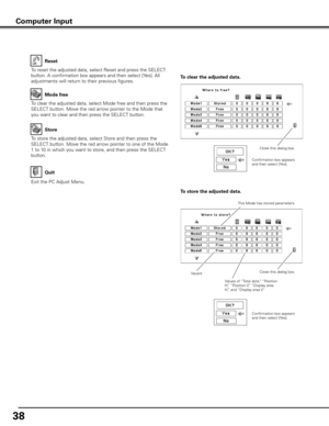 Page 3838
Exit the PC Adjust Menu. To store the adjusted data, select Store and then press the 
SELECT button. Move the red arrow pointer to one of the Mode 
1 to 10 in which you want to store, and then press the SELECT 
button. To reset the adjusted data, select Reset and press the SELECT 
button. A confirmation box appears and then select [Yes]. All 
adjustments will return to their previous figures.To store the adjusted data . To clear the adjusted data .
To clear the adjusted data, select Mode free and then...