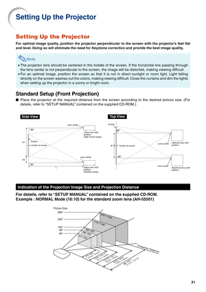 Page 2321
Setting Up the Projector
For optimal image quality, position the projector perpendicular to the screen with the projector’s feet flat
and level. Doing so will eliminate the need for Keystone correction and provide the best image quality.
Note
•The projector lens should be centered in the middle of the screen. If the horizontal line passing through
the lens center is not perpendicular to the screen, the image will be distorted, making viewing difficult.
•For an optimal image, position the screen so...