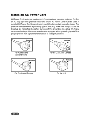 Page 15EN-14
Ground
Notes on AC Power Cord
AC Power Cord must meet requirement of country where you use a projector. Confirm
an AC plug type with graphics below and proper AC Power Cord must be used. If
supplied AC Power Cord does not match your AC outlet, contact your sales dealer. This
projector is equipped with a grounding type AC line plug. Make sure that your outlet fits
the plug. Do not defeat the safety purpose of this grounding type plug. We highly
recommend using a video source device also equipped...