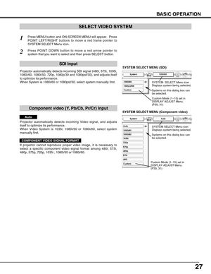 Page 2727
BASIC OPERATION
SYSTEM SELECT MENU (SDI)
SYSTEM  SELECT Menu icon 
Displays system being selected.
Systems on this dialog box can
be selected.
Custom Mode (1~15) set in
DISPLAY ADJUST Menu.
(P30, 31)
SYSTEM SELECT MENU (Component video)
SYSTEM SELECT Menu icon 
Displays system being selected.
Systems on this dialog box can
be selected.
Custom Mode (1~15) set in
DISPLAY ADJUST Menu.
(P30, 31)
SELECT VIDEO SYSTEM
Press MENU button and ON-SCREEN MENU will appear.  Press
POINT LEFT/RIGHT buttons to move a...