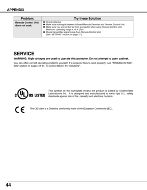 Page 4444
APPENDIX
SERVICE
WARNING: High voltages are used to operate this projector. Do not attempt to open cabinet.
You can often correct operating problems yourself. If a projector fails to work properly, see TROUBLESHOOT-
ING section on pages 43-44. To correct failure, try Solutions.
This symbol on the nameplate means the product is Listed by Underwriters
Laboratories Inc.  It is designed and manufactured to meet rigid U.L. safety
standards against risk of fire, casualty and electrical hazards.
The CE Mark...