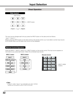 Page 32


The input source changes each time you press the INPUT button on the side control as follows:
 Input 1→Input 2→ ...
Before using the INPUT button on the side control or the remote control, you must select a correct input source 
by On-Screen Menu and the latest input source will be displayed.
Press the INPUT 1, INPUT 2, INPUT 3 or  INPUT 4 button on the remote control. The input source appears on 
the screen as you press each button. Select the connected input source.
INPUT 1 button
Input 1...