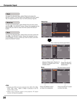 Page 38


Computer Input
✔Note
• Display area (H/V) cannot be selected when 480i, 575i, 480p, 
575p,  720p,  1035i  ,  1080i  or  1080p  is  selected  in  the  PC 
System Menu (p.35).
•  When  input  computer  signal  to  the  projector,  PC  adjust 
function will become available.
No parameters stored
This mode has stored parameters.
Values of Total dots, Position H, Position V, Display area H and Display area V.
Press the SELECT button 
to store the data.
Press the MENU button 
to close this dialog...