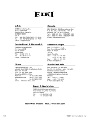 Page 99
KG2B
U.S.A.
EIKI International, Inc. 
30251 Esperanza 
Rancho Santa Margarita 
CA 92688-2132 
U.S.A.
Tel :   800-242-3454 (949)-457-0200 
Fax :   800-457-3454 (949)-457-7878 
E-Mail : usa@eiki.com 
Deutschland & Österreich 
EIKI Deutschland GmbH 
Am Frauwald 12 
65510 Idstein 
Deutschland 
Tel :   06126-9371-0 
Fax :   06126-9371-14 
E-Mail : info@eiki.de 
China
EIKI (Shanghai) Co., Ltd. 
Lakeside Oasis Middle Ring Business Centre 
Block 10. #16-07, 
1628, Jin Sha Jiang Road, 
Shanghai, 200333. China...