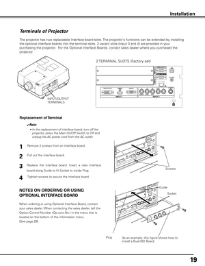 Page 19
19

Installation
Terminals of Projector
The projector has two replaceable Interface board slots. The projector's functions can be extended by installing 
the optional interface boards into the terminal slots. 2 vacant slots (Input 3 and 4) are provided in your 
purchasing the projector.  For the Optional Interface Boards, contact sales dealer where you purchased the 
projector.
Pull out the interface board.
Remove 2 screws from an interface board.
Tighten screws to secure the interface board....