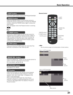 Page 31
1

Basic Operation
FILTER button
Press and hold the FILTER button for more than five 
seconds to schedule a filter cleaning task.
Remote Control
✔Note
See the previous page for the description of other buttons.
Press the P-TIMER button on the remote control to 
operate the Count up/Count down function. Refer to 
p.68 for detail of Setting for the P-timer function for 
a few seconds. To stop the count time, press the P-
TIMER button. To cancel the P-timer function, press 
and hold the P-TIMER...