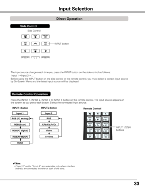 Page 33


The input source changes each time you press the INPUT button on the side control as follows:
 Input 1→Input 2→ ...
Before using the INPUT button on the side control or the remote control, you must select a correct input source 
by On-Screen Menu and the latest input source will be displayed.
Press the INPUT 1, INPUT 2, INPUT 3 or INPUT 4 button on the remote control. The input source appears on 
the screen as you press each button. Select the connected input source.
INPUT 1 button
Input 1...