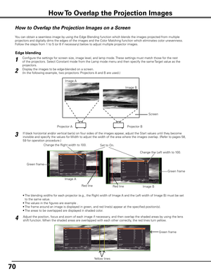 Page 70
70

How to Overlap the Projection Images on a Screen 
You can obtain a seamless image by using the Edge Blending function which blends the images projected from multiple 
projectors and digitally dims the edges of the images and the Color Matching function which eliminates color unevenness. 
Follow the steps from 1 to 5 (or 8 if necessary) below to adjust multiple projector images.  
Configure the settings for screen size, image level, and lamp mode. These settings must match those for the rest 
of the...