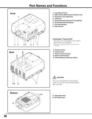 Page 10
 
Bottom
10
etwyvr
Front
q
i
Back
Part Names and Functions
v	Kensington* Security Slot
This slot is for a Kensington lock used to 
deter theft of the projector.
* Kensington is a registered trademark of ACCO Brands Corporation.
 CAUTION
Hot air is exhausted from the exhaust 
vents. Do not put heat-sensitive objects 
near this side.
o Exhaust Vents 
!0 Lamp Covers
!1 Power Cord Connector
!2  Main On/Off Switch
!3 Infrared Remote Receiver (Rear) 
 
!0
q Lens Mount Cover
w 
AMC (Active Maintenance Cleaner)...