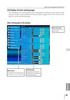Page 1919
ENGLISH
 
[3] Display of main setting page
The  following  main  setting  page  will  be  displayed  according  to  your  display  mode 
selection. Perform various kinds of settings through this page. Click on the menus to dis-
play the control and setting pages.
Main setting page in the display
Setting page
Displays the control and 
setting items according to 
the selected menu.Main menu
For selection of  control and 
setting items of the projector. 
Sub menu tab
Switches the sub 
menu tab.
Login the...