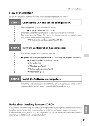 Page 99
ENGLISH
 
Flow of installation
Flow of installation
To use the projector via the networks, follow the setup procedures below.
STEP 1Connect the LAN and set the configuration.
STEP 2Network Configuration has completed.
Decide depending on the LAN environment.
	➔ “2. Setup Procedures” (pp.11–16).
Detailed LAN configurations need to be done with a browser later.
First, complete the Wired LAN connection between computers and projec -
tors, then start browser configurations.
	➔  “3. Basic setting and...