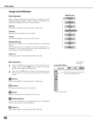 Page 3838
Video Input
Press the MENU button and the On-Screen Menu will
appear.  Press the Point 
7 8button to move the red frame
pointer to the Image Select Menu icon.1
2Press the Point d dbutton to move the red frame pointer to
the level that you want to set and then press the SELECT
button.Move the red frame pointer to a level
and press the SELECT button.
The level being selected.
Image Select Menu
Normal picture level preset on this projector.Standard
Picture level adjusted for the picture with fine...