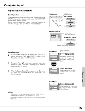 Page 2525
Choose either Computer 1 or Computer 2 by pressing the
INPUT button on the top control or press the COMPUTER
button on the remote control.
Before using these buttons, correct input source should be
selected through Menu operation as described below.
Press the MENU button to display the On-Screen
Menu.  Press the Point
7 8buttons to move the red
framed pointer to the Input Menu icon.1
Computer
1
Input Menu
Press the Point edbuttons to move the red arrow
pointer to either Computer 1 or Computer 2, and...