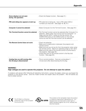 Page 5555
This symbol on the nameplate means the product 
is Listed by Underwriters Laboratories Inc.  It is 
designed and manufactured to meet rigid U.L. 
safety standards against risk of fire, casualty and 
electrical hazards.
Appendix
The CE Mark is a Directive 
conformity mark of the European 
Community (EC).
Some displays are not seen–Check the Display function.  (See page 41.)
during  the operation.
PIN code dialog box appears at start-up.–PIN code lock is being set.  Input a PIN code (1234 or 
numbers...