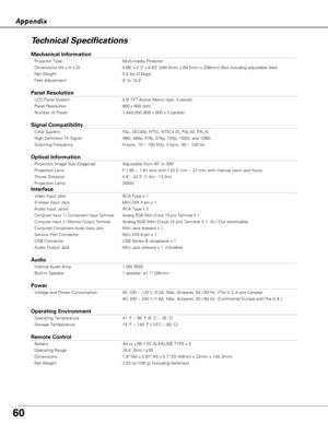 Page 6060
Appendix
Technical Specifications
Mechanical Information
Projector Type Multi-media Projector
Dimensions (W x H x D) 9.66 x 2.3 x 6.82 (294.5mm x 69.5mm x 208mm) (Not including adjustable feet)
Net Weight 5.5 lbs (2.5kgs)
Feet Adjustment 0˚ to 10.0˚
Panel Resolution
LCD Panel System 0.6 TFT Active Matrix type, 3 panels 
Panel Resolution 800 x 600 dots
Number of Pixels 1,440,000 (800 x 600 x 3 panels)
Signal Compatibility
Color SystemPAL, SECAM, NTSC, NTSC4.43, PAL-M, PAL-N
High Definition TV Signal...