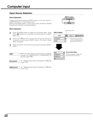 Page 2222
Menu Operation Direct Operation
Choose Computer by pressing INPUT button on the top control or
COMPUTER button on the remote control.
Before using these buttons, correct input source should be selected
through menu operation as described below.
Press the MENU button to display the On-Screen Menu. Press
Point 
7 8buttons to move the red frame pointer to INPUT
Menu icon.
Press Point dbutton to move the red arrow pointer to
Computer and then press SELECT button. The Source Select
Menu will appear. 
1
2...