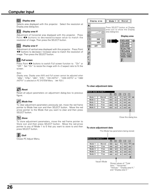 Page 2626
Computer Input
Note : 
Display area, Display area (H/V) and Full screen cannot be adjusted when
“480p”, “575p”, “480i”, “575i”, “720i (HDTV)” , “1035i (HDTV)” or “1080i
(HDTV)” is selected on PC SYSTEM Menu    ( 
☞P23 ).
Selects area displayed with this projector.  Select the resolution at
Display area dialog box.Display area
Adjustment of horizontal area displayed with this projector.  Press
Point 
7 8buttons to decrease/increase value to match the
resolution of image. Then press the SELECT...