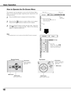 Page 1818
The projector can be adjusted or set via the On-Screen Menu.
Refer to the following pages regarding each adjustment and
setting procedure.
Press the Point7 8buttons to select a Menu icon to adjust.
Press the Pointedbuttons to select an item to adjust.
Press the SELECT button to show the item data.  Press the
Point7 8 buttons to adjust the data.  Refer to the following
pages for respective adjustment. 
How to Operate the On-Screen Menu
REPLACE
INPUT
MENUF
SELECTVOLUME–VOLUME+
Used to select the...