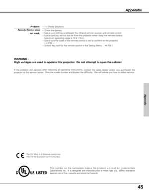 Page 4545
This symbol on the nameplate means the product is Listed by Underwriters
Laboratories Inc.  It is designed and manufactured to meet rigid U.L. safety standards
against risk of fire, casualty and electrical hazards.
Appendix
WARNING :
High voltages are used to operate this projector.  Do not attempt to open the cabinet.
If the problem still persists after following all operating instructions,
contact the sales dealer where you purchased the
projector or the service center.Give the model number and...