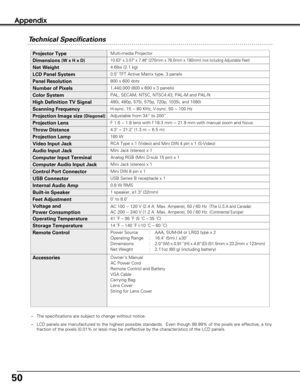 Page 5050
Appendix
Technical Specifications
0.5 TFT Active Matrix type, 3 panels
Multi-media Projector
4.6lbs (2.1 kg)
10.63 x 3.07 x 7.48 (270mm x 78.0mm x 190mm) (not including Adjustable Feet)
800 x 600 dots
1,440,000 (800 x 600 x 3 panels)
PAL, SECAM, NTSC, NTSC4.43, PAL-M and PAL-N
H-sync. 15 ~ 80 KHz, V-sync. 50 ~ 100 Hz
Adjustable from 34” to 200”
1 speaker, ø1.3 (32mm) 
41 ˚F – 95 ˚F (5 ˚C – 35 ˚C)
14 ˚F – 140 ˚F (-10 ˚C – 60 ˚C)
Owner’s Manual
AC Power Cord
Remote Control and Battery
VGA Cable
Carrying...