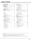 Page 33
Table of Contents
TRADEMARKS
•Apple, Macintosh, and PowerBook are trademarks or registered trademarks of Apple Computer,Inc.
•IBM, VGA, XGA, and PS/2 are trademarks or registered trademarks of International Business Machines, Inc.
•Windows and PowerPoint are registered trademarks of Microsoft Corporation.
•Each name of corporations or products in the owners manual is a trademark or a registered trademark of its respective
corporation.
Features and Design ............................................2...