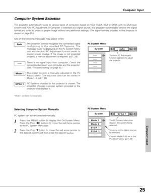 Page 2525
Computer Input
The Auto PC Adjustment
function operates to adjust
the projector. 
PC System Menu
The PC System Menu icon 
displays the system being
selected.
Systems on this dialog box can
be selected.Press the MENU button to display the On-Screen Menu.
Press the Point 
7 8buttons to move the red frame pointer
to the PC System Menu icon.
Press the Point d button to move the red arrow pointer to
the desired system and then press the 
SELECT button.  
1
2
PC System Menu
Custom Mode (1~5) set in the
PC...