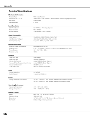 Page 5656
Appendix
Technical Specifications
Mechanical Information
Projector Type Multi-media Projector
Dimensions (W x H x D) 10.63 x 3.07 x 7.48 (270mm x 78mm x 190mm) (not including Adjustable Feet)
Net Weight 4.8lbs (2.2 kg)
Feet Adjustment 0˚ to 7.0˚
Panel Resolution
LCD Panel System 0.5 TFT Active Matrix type, 3 panels
Panel Resolution 800 x 600 dots
Number of Pixels 1,440,000 (800 x 600 x 3 panels)
Signal Compatibility
Color SystemPAL, SECAM, NTSC, NTSC4.43, PAL-M, PAL-N
High Definition TV Signal480i,...