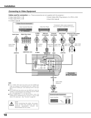 Page 1818
Installation
Connecting to Video Equipment
S - VIDEO
USB
USB COMPUTER  IN  2  /
SERVICE PORT COMPUTER  IN  1 
DVI - I
MCI R  -  AUDIO  IN  -  L
AUDIO  IN  1 AUDIO  IN  2
(MONO)
VIDEO / Y – Pb/Cb  –  Pr/Cr
MONITOR  OUT
AUDIO OUTRESET
(VARIABLE)
Video Source (example)
Video Cassette RecorderVideo Disc Player
S-VIDEO
Cable 
✽
Audio AmplifierAudio Speaker 
(stereo) Audio Cable 
(Stereo) 
✽
Terminals 
of the Projector
S-VIDEO
Output
Audio Input
• Video Cable (RCA x 1) ✽
• Video Cable (RCA x 3) ✽
• S-VIDEO...